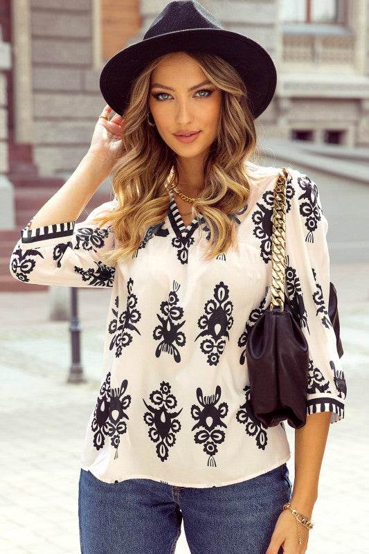 Vintage Geometric Printed V Neck Blouse - Shop Style & More | Fresh Looks, Everyday Deals & Free Shipping