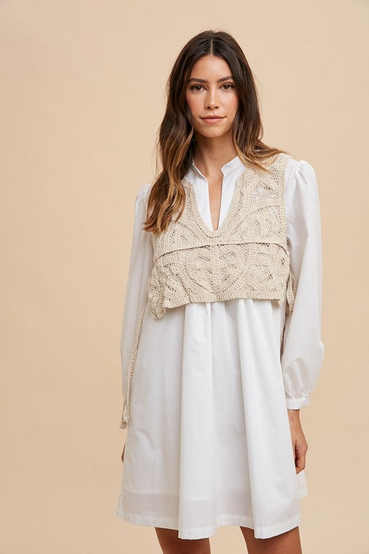 Annie Wear Crochet Vest Shirt Dress with Notched Long Sleeves Casual Dresses