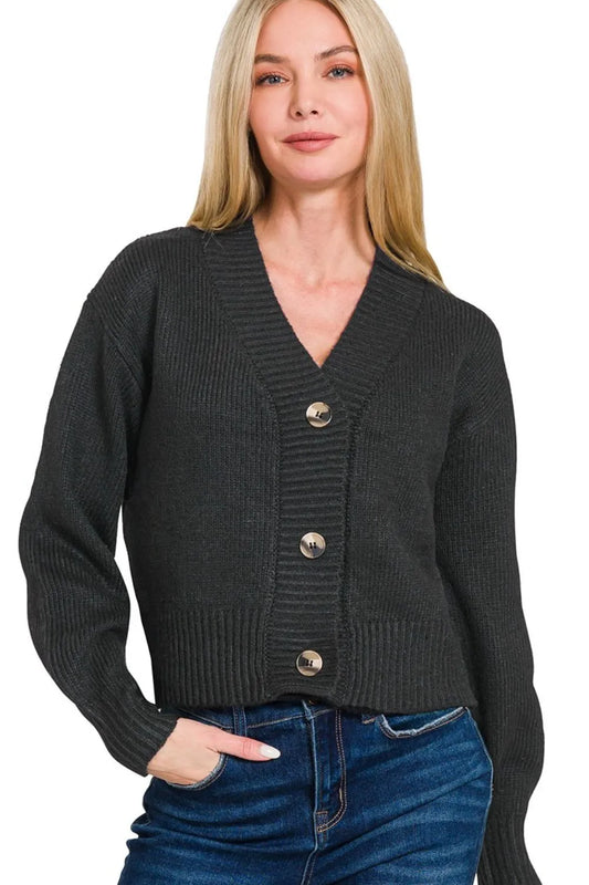 Zenana Melange Button Front Sweater Cardigan BLACK Women's Outerwear