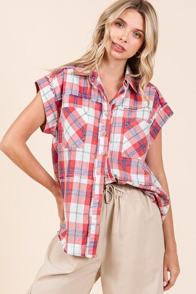 Mittoshop Mineral Wash Plaid Button Down Shirt Blouses