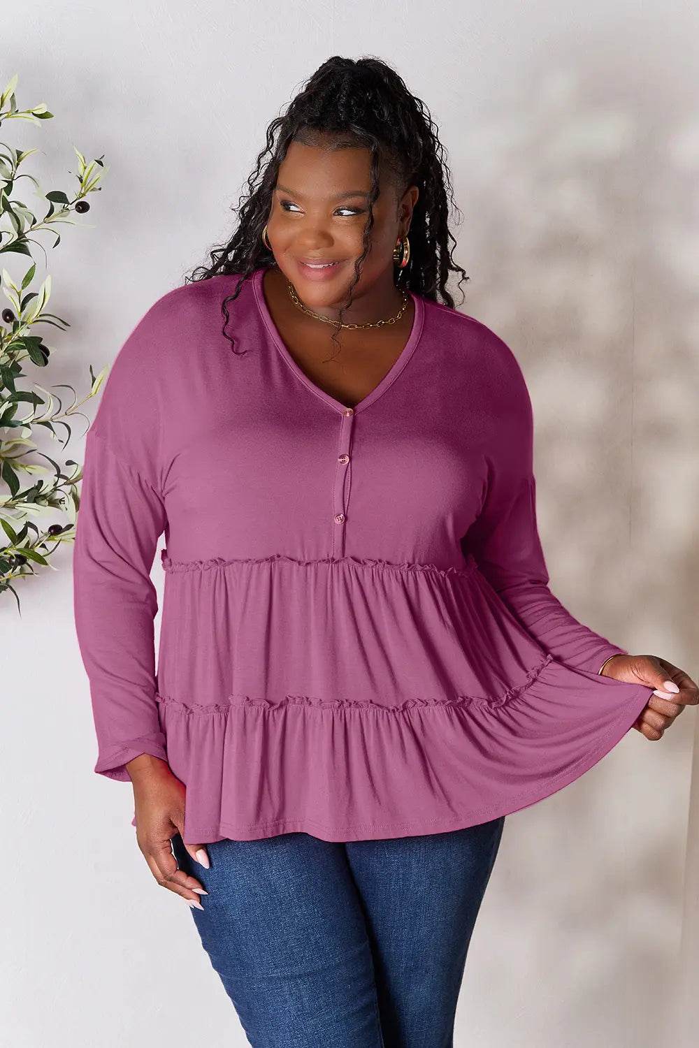 Double Take Half Button Long Sleeve Ruffle Hem Blouse - Shop Style & More | Fresh Looks, Everyday Deals & Free Shipping