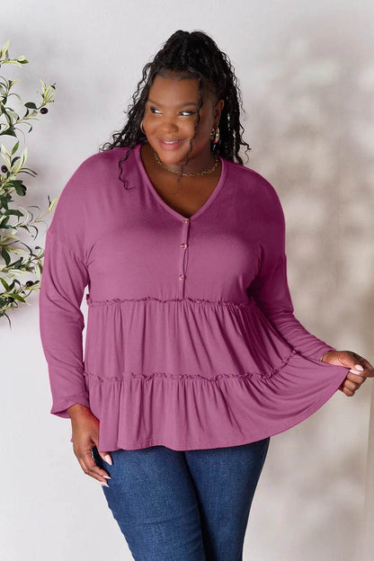 Double Take Half Button Long Sleeve Ruffle Hem Blouse - Shop Style & More | Fresh Looks, Everyday Deals & Free Shipping