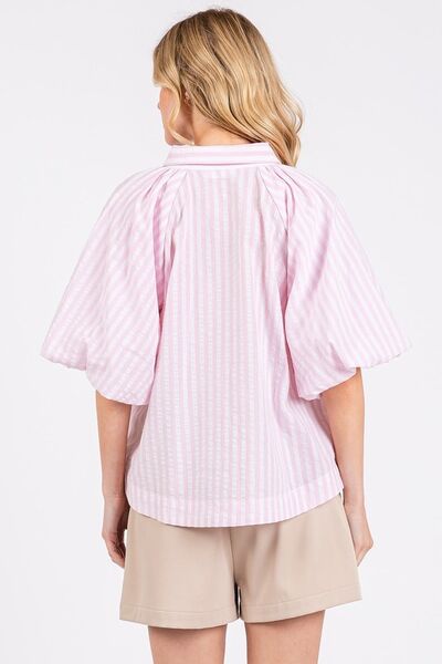 Mittoshop Button Down Striped Puff Sleeve Shirt Blouses