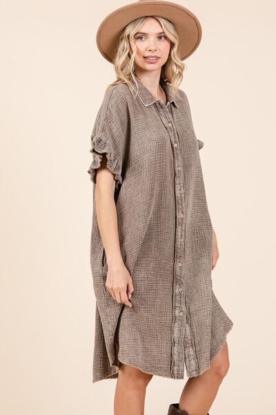 Mittoshop Mineral Wash Cotton Gauze Mini Shirt Dress Casual Dresses