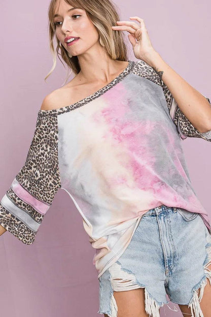 BiBi Tiedye French Terry with Leopard Sleeve Top - Shop Style & More | Fresh Looks, Everyday Deals & Free Shipping