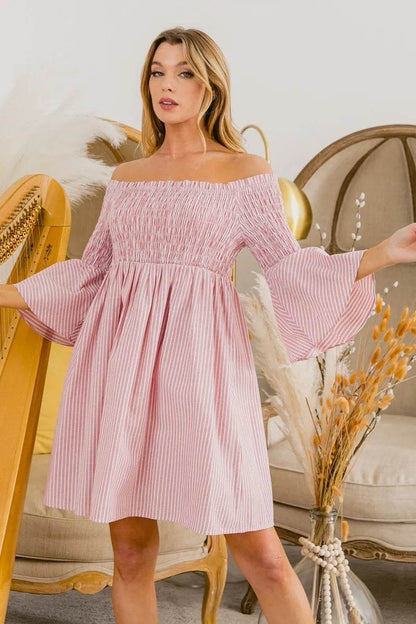 BiBi Smocked Off Shoulder Striped Dress - Shop Style & More | Fresh Looks, Everyday Deals & Free Shipping