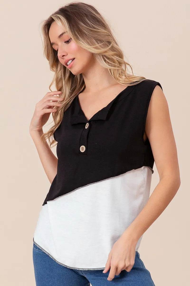 BiBi Color Block Contrast Stitching Buttoned Henley Top - Shop Style & More | Fresh Looks, Everyday Deals & Free Shipping