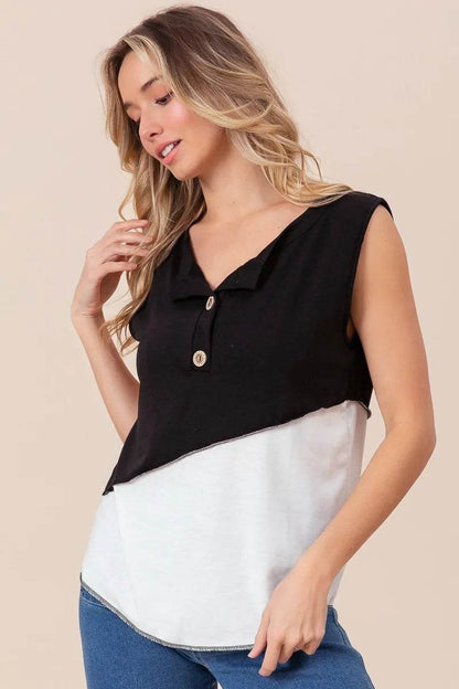 BiBi Color Block Contrast Stitching Buttoned Henley Top - Shop Style & More | Fresh Looks, Everyday Deals & Free Shipping
