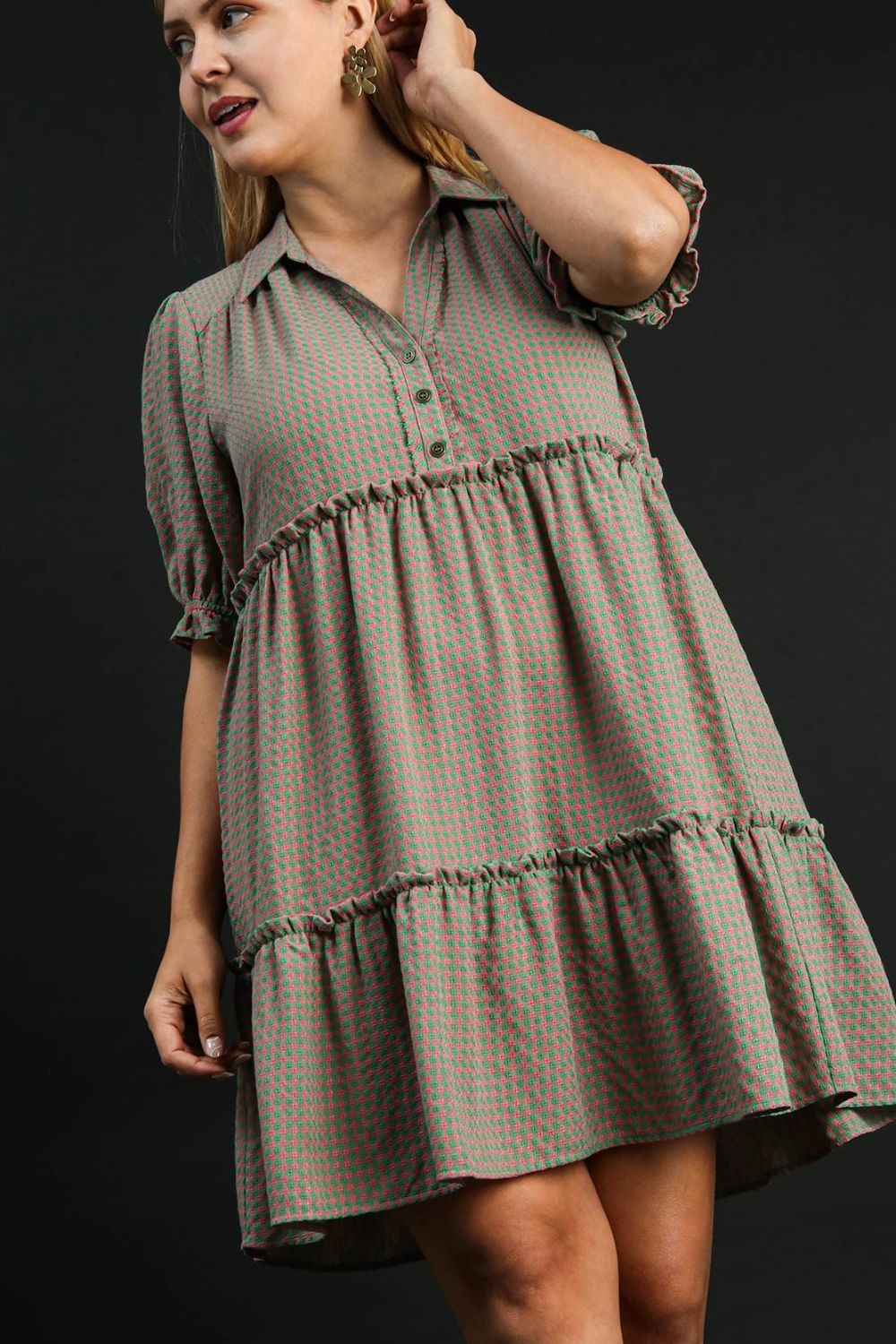 Umgee Full Size Plaid Frill Button Detail Ruffled Short Sleeve Dress Plus Size Casual Dresses