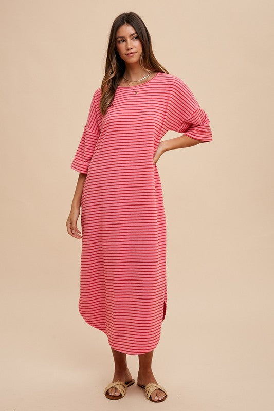 Annie Wear Striped Round Neck Terry Midi Dress Hot Pink Red Casual Dresses