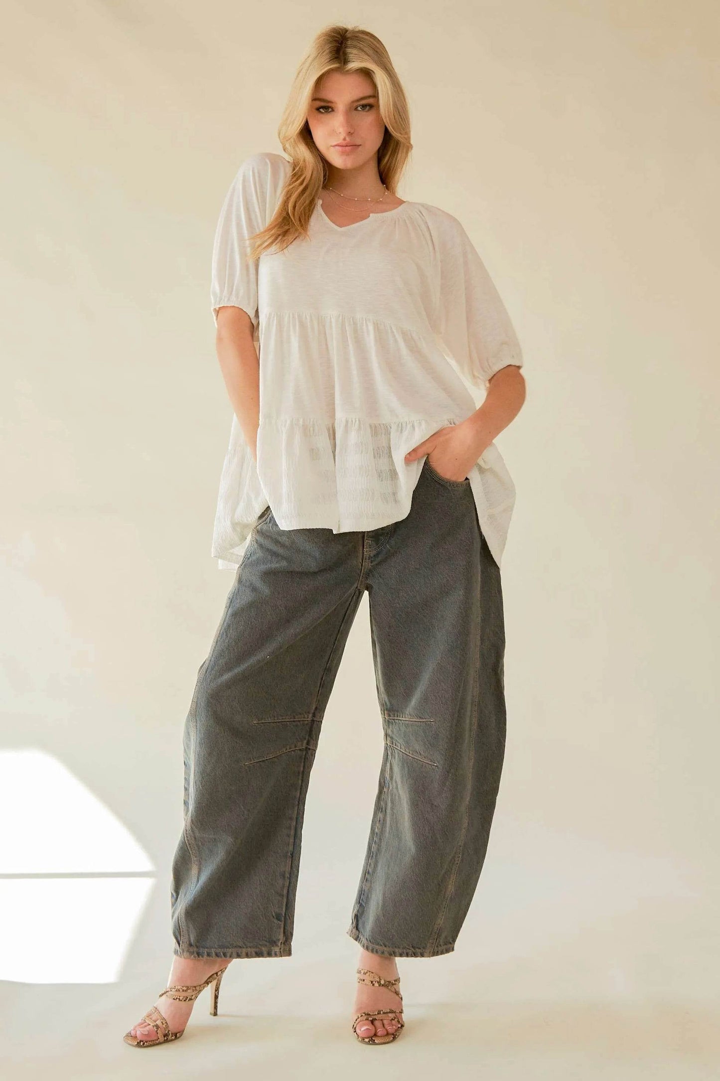 Davi & Dani Ruffled Flared Short Sleeve V Neck Blouse - Shop Style & More | Fresh Looks, Everyday Deals & Free Shipping
