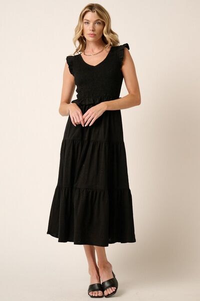 Mittoshop Smocked Ruffled Tiered Midi Dress Black Casual Dresses