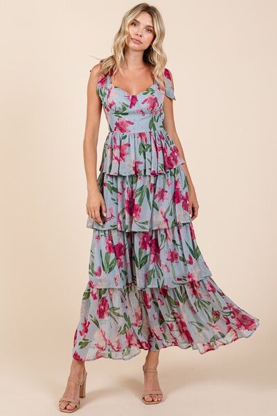 Mittoshop Layered Floral Sweetheart Neck Maxi Dress Dusty Blue Casual Dresses