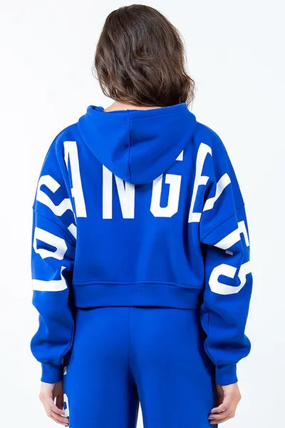 American Bazi Letter Graphic Long Sleeve Drawstring Cropped Hoodie Royal Blue Hoodies & Sweaters