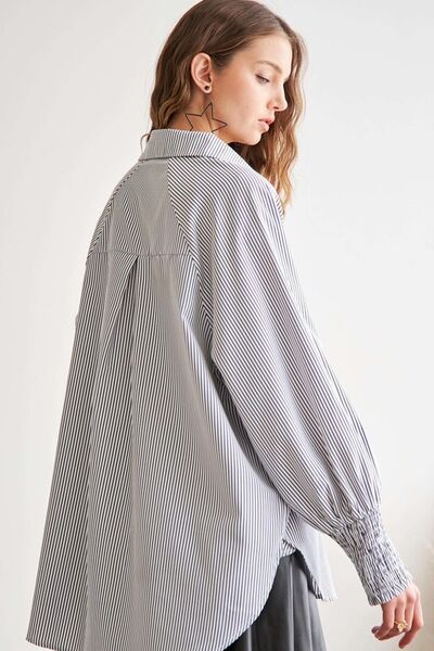 ADORA High-Low Striped Button Down Smocked Lantern Sleeve Shirt Blouses