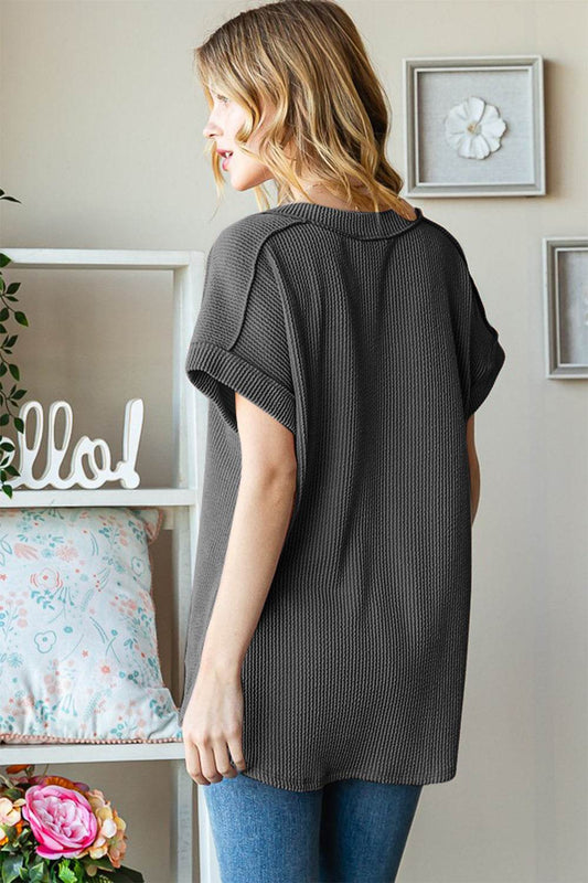 Heimish Full Size Exposed Seam Short Sleeve Ribbed Top - Shop Style & More | Fresh Looks, Everyday Deals & Free Shipping