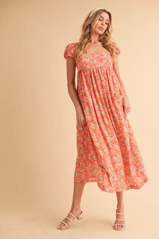 Aemi + Co Cutout Back Floral Square Neck Puff Sleeve Midi Dress - Shop Style & More | Fresh Looks, Everyday Deals & Free Shipping