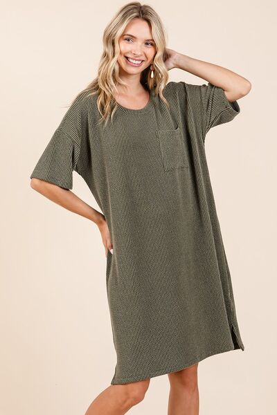 Mittoshop Urban Rib Knit Short Sleeve Tee Dress Army Green Casual Dresses