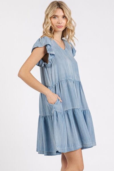 Mittoshop V-Neck Ruffled Cap Sleeve Mini Dress Casual Dresses