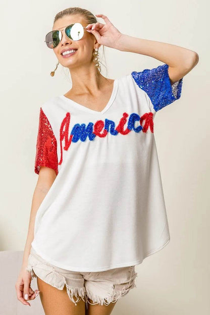 BiBi Metallic Letter V-neck Sequin Sleeves Top - Shop Style & More | Fresh Looks, Everyday Deals & Free Shipping