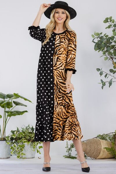 Celeste Full Size Polka Dot & Leopard Round Neck Midi Dress Plus Size Black Leopard Polka Casual Dresses