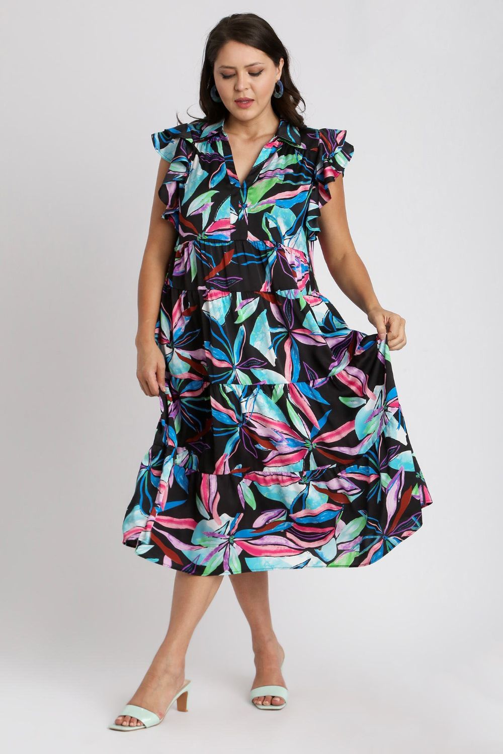 Umgee Full Size Leaf Print Double Layered Ruffle Sleeve Tiered Midi Dress Plus Size Casual Dresses