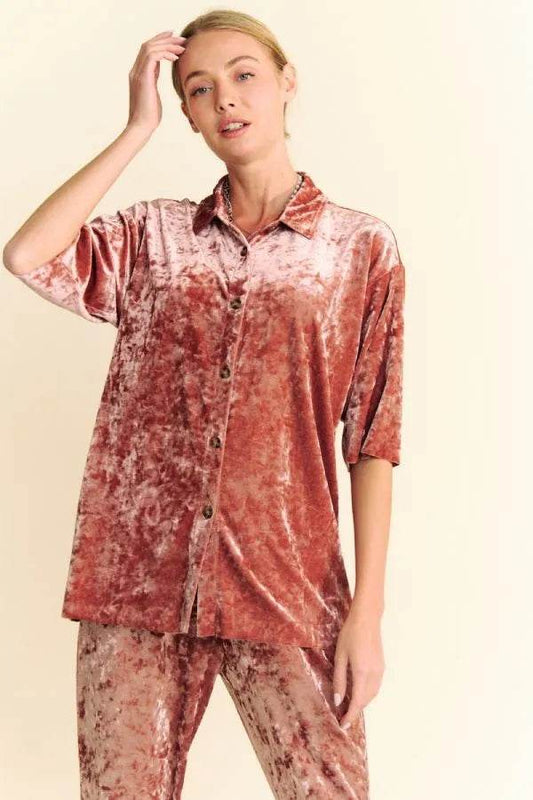 Davi & Dani Crushed Velvet Button Front Easy Lounge Shirt Top - Shop Style & More | Fresh Looks, Everyday Deals & Free Shipping