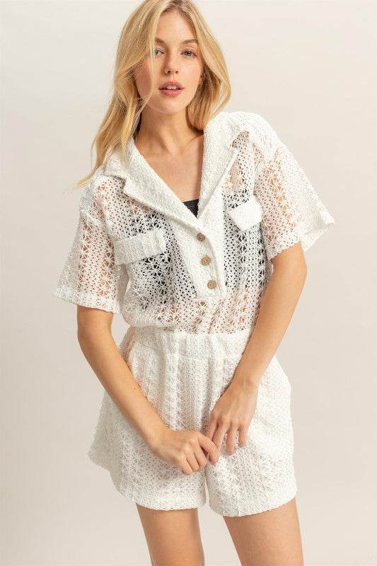 HYFVE Crochet Button Front Short Sleeve Romper - Shop Style & More | Fresh Looks, Everyday Deals & Free Shipping