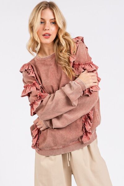 Mittoshop Ruffled Mineral Washed Round Neck Long Sleeve Sweatshirt Hoodies & Sweaters