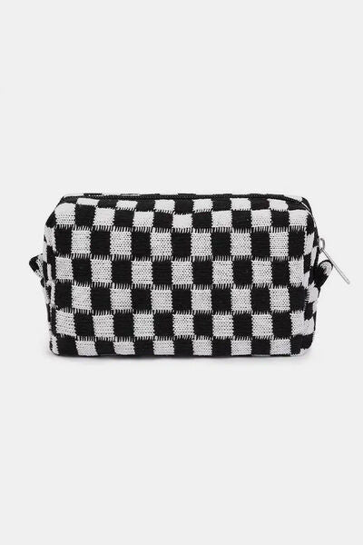 Zenana Checkered Pattern Knitted Cosmetic Pouch Black One Size Bags