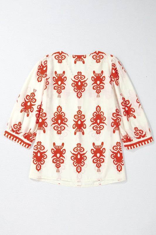 Vintage Geometric Printed V Neck Blouse - Shop Style & More | Fresh Looks, Everyday Deals & Free Shipping