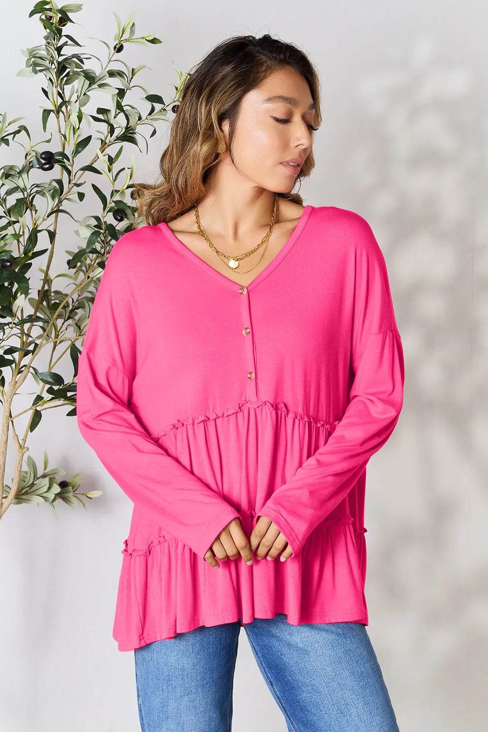 Double Take Half Button Long Sleeve Ruffle Hem Blouse - Shop Style & More | Fresh Looks, Everyday Deals & Free Shipping