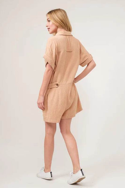 And The Why Washed Gauze Roll-up Sleeve Comfort Utility Romper - Shop Style & More | Fresh Looks, Everyday Deals & Free Shipping
