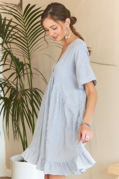 ADORA Ruffled Hem Striped V-Neck Babydoll Dress Casual Dresses