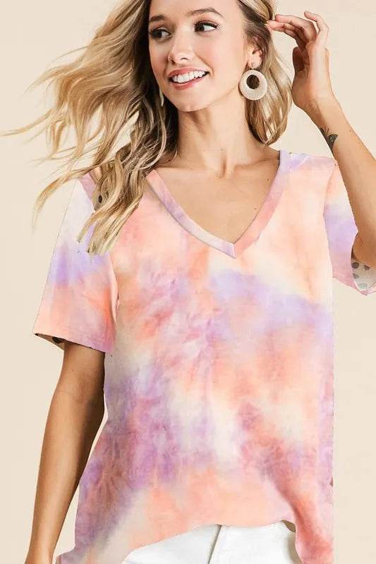 BiBi Tie Dye French Terry V Neck Top - Shop Style & More | Fresh Looks, Everyday Deals & Free Shipping