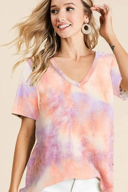 BiBi Tie Dye French Terry V Neck Top - Shop Style & More | Fresh Looks, Everyday Deals & Free Shipping