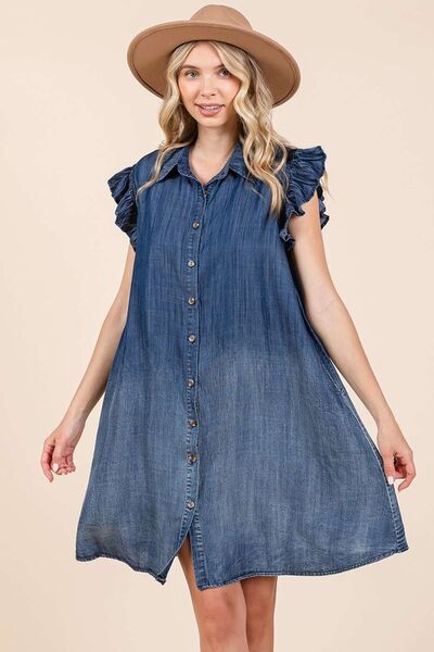 Mittoshop Washed Chambray Ruffle Sleeve Buttoned Mini Dress Casual Dresses