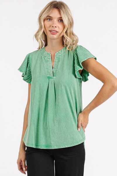 Mittoshop Mix Media Ruffle Short Sleeve Mineral Wash Top Grass Green Blouses