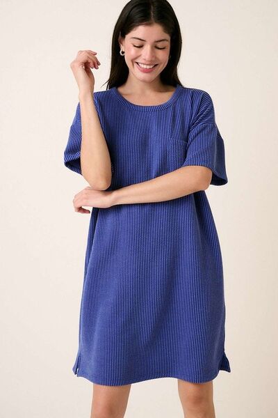 Mittoshop Urban Rib Knit Short Sleeve Tee Dress Royal Blue Casual Dresses