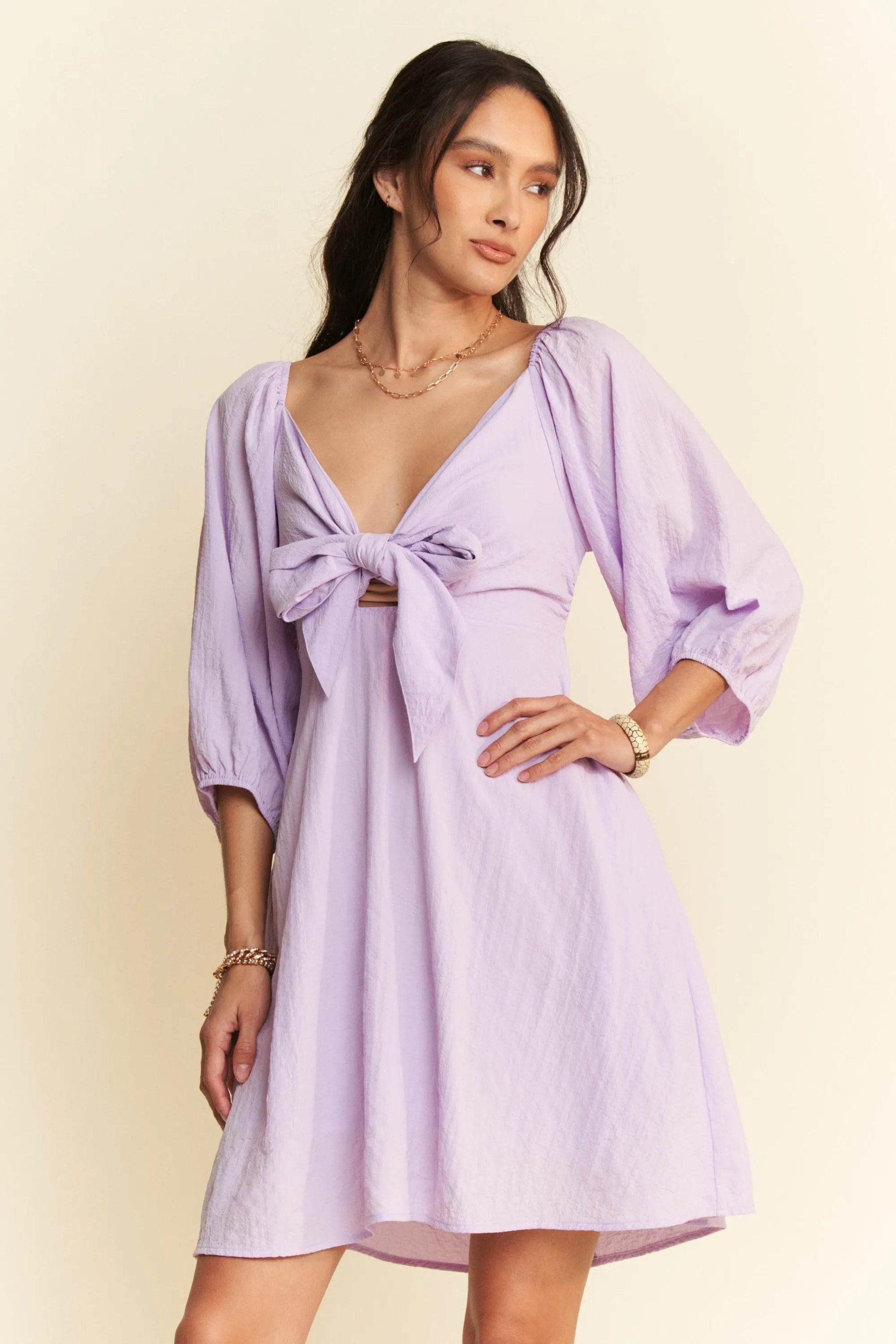Davi & Dani Self-Tie Puff Sleeve Smocking Open Back Mini Dress - Shop Style & More | Fresh Looks, Everyday Deals & Free Shipping