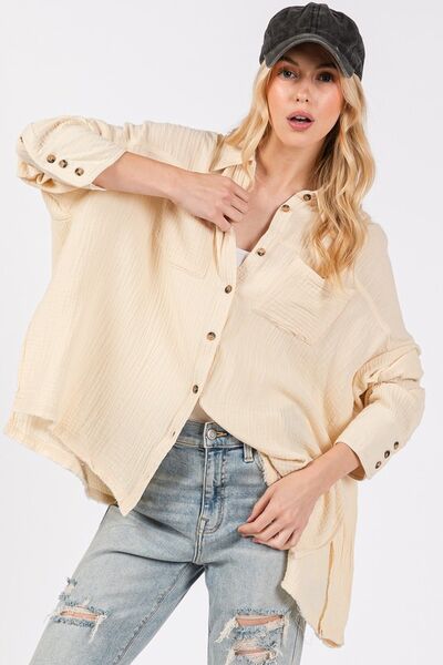 SAGE + FIG Frayed Hem Side Slit Button Down Shirt Blouses