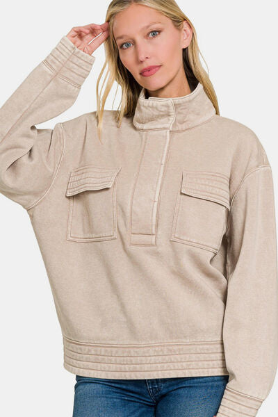 Zenana Acid Washed Half Snap Fleece Sweatshirt Ash Mocha Hoodies & Sweaters