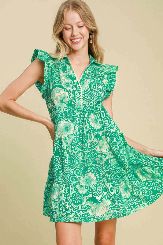 Umgee Full Size Printed Ruffle Cap Sleeve Babydoll Dress Plus Size - Shop Style & More | Fresh Looks, Everyday Deals & Free Shipping