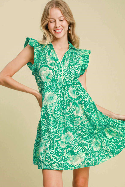 Umgee Full Size Printed Ruffle Cap Sleeve Babydoll Dress Plus Size Green Casual Dresses