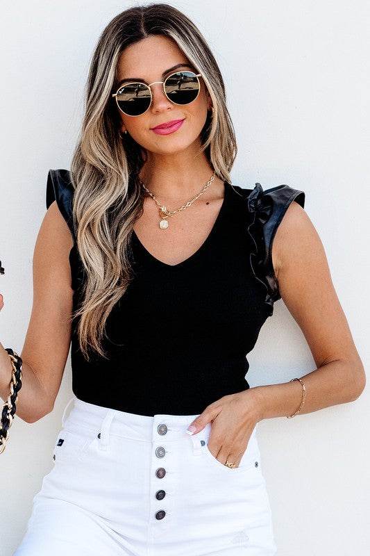 Ruffle Patchwork Ribbed V Neck Bodysuit - Shop Style & More | Fresh Looks, Everyday Deals & Free Shipping