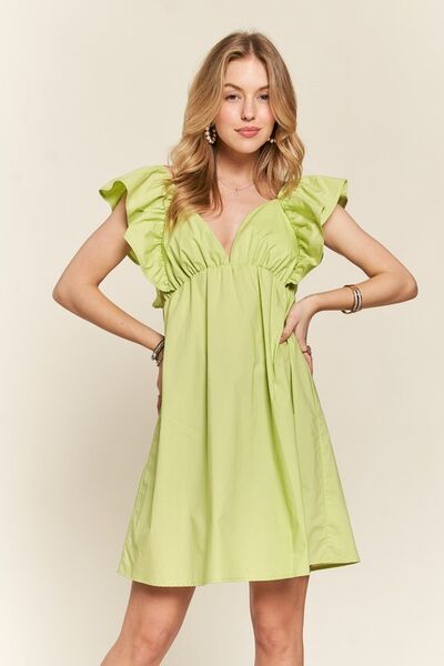 ADORA Smocked Back Ruffled Cap Sleeve Babydoll Dress LIME Casual Dresses