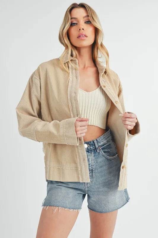 Aemi + Co Side Slit Exposed Seam Button Up Corduroy Jacket - Shop Style & More | Fresh Looks, Everyday Deals & Free Shipping