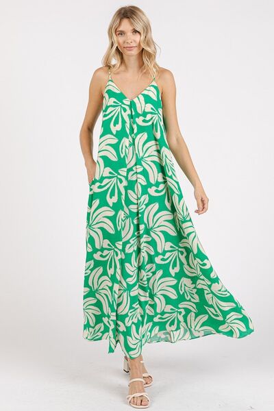 Mittoshop Printed V-Neck Maxi Cami Dress with Pockets Kelly Green Casual Dresses