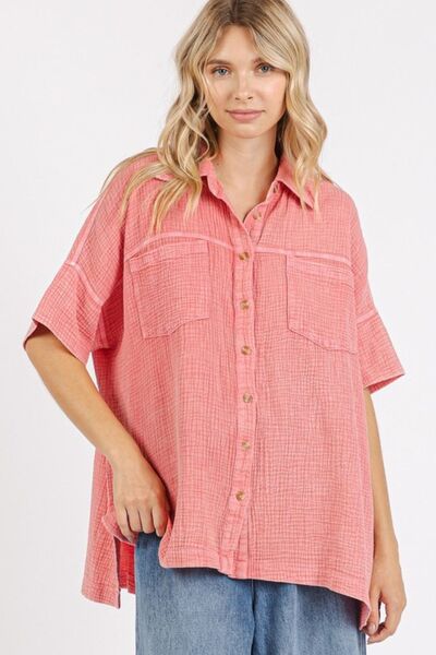 Mittoshop Mineral Wash Gauze Oversized Short Sleeve Shirt DEEP CORAL Blouses