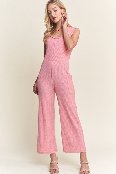 ADORA Ribbed V-Neck Wide Leg Jumpsuit with Pockets Jumpsuits